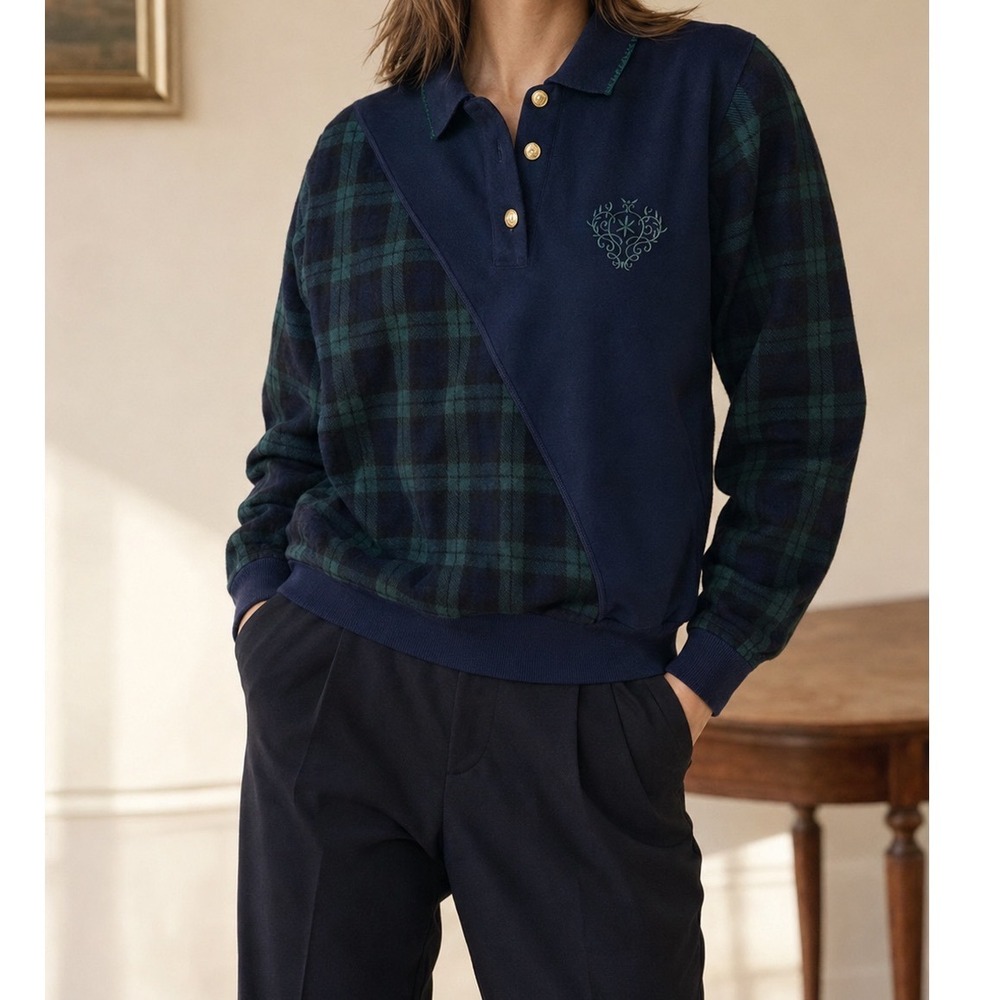 Alfred Dunner Vintage Plaid Polo Top Navy Green Asymmetrical Gold Button USA yy